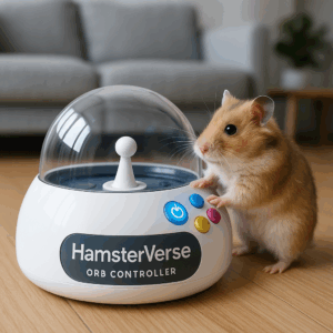 HamsterVerse Orb Controller, a sleek spherical device with a smooth metallic finish and illuminated accents, resting against a neutral background.