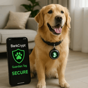 BarkCrypt Guardian Tag, a sleek, durable pet ID tag with engraved details, photographed against a neutral background.