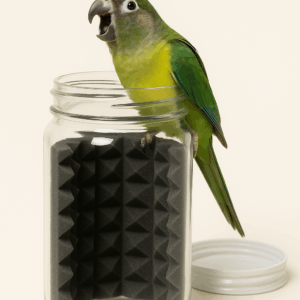 ScreamJar Deluxe for Parrots, a colorful container designed to reduce noise, shown against a neutral background.