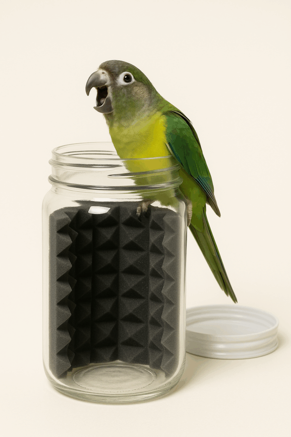 ScreamJar Deluxe for Parrots, a colorful container designed to reduce noise, shown against a neutral background.