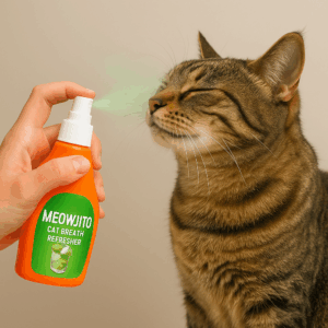 Bottle of Meowjito Cat Breath Refresher with a simple label, photographed against a neutral background